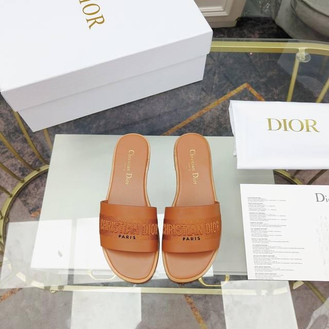 工厂价 迪奥 Dior 2024 春夏新款 Dway 平底一字拖拼色女鞋 Cd字母logo立体刺绣圆柱跟凉鞋 方头粗跟果冻色露趾拖鞋 原版开发市面顶级版本 材质